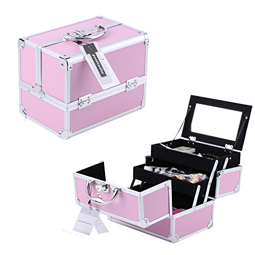 gootrades Aluminum Makeup Train Case Travel Makeup Organizer Portable Cosmetic Box Extendable Trays With Mirror Portable Lift Handle with Lock 2 Keys Pink