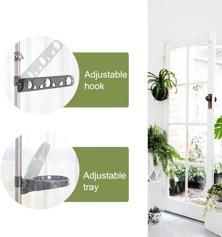 Hershii Expandable Plant Stand Double Tension Poles Holder Indoor Metal Flower Display Racks Floor to Ceiling Tall Decorative Storage Shelf with 12 Trays, 2 Arms & 1 Hanging Rod - Grey