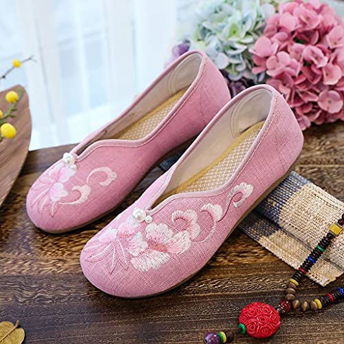 Women Comfortable Cotton Fabric Slip on Ballet Flats Embroidery Ladies Casual Ballerinas Shoes Pink Mint White (Color : Pink Size : 9.5 Size) (Pink 8.5)4