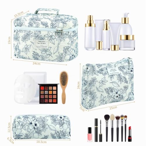 3 Pièces Trousse de Toilette Femme en Coton Matelassé, Ensemble de Sacs à Cosmétiques de Voyage avec Motif Floral, Grand Sac à Maquillage Portable pour Femmes et Filles, Idéal pour Voyage et Maison – vue 2