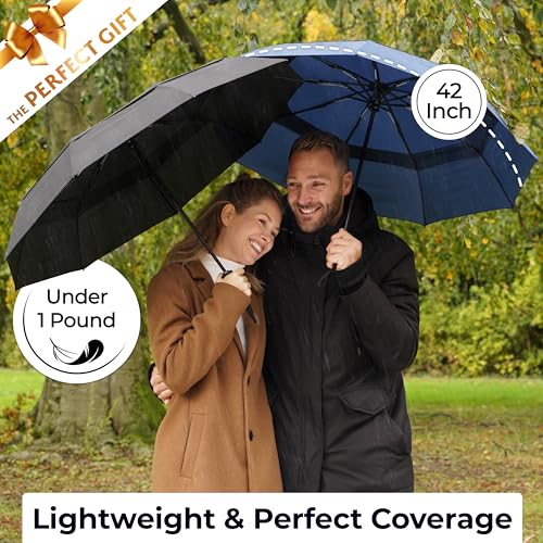 Image of TUMELLA Strongest Windproof Travel Umbrella (Compact, 100MPH Wind-Tested), Light, Portable, One-Handed Use, Automatic Folding Rain Umbrella, Durable, Premium Grip, Fits Car & Backpack