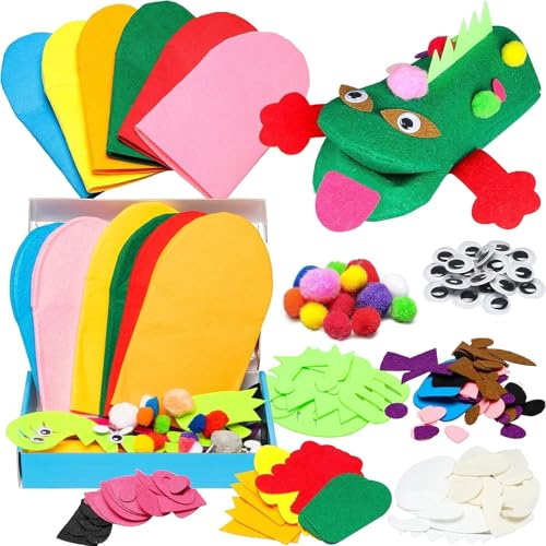 6Pcs Hand Puppet Making Kit Art Craft Felt Sock Puppet Toys Creative DIY Make Your Own Pompoms Wiggle Googly Eyes Storytelling Role Play Party Supplies Gift for Girls Boys (Animals)