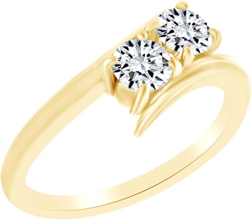 AFFY Round Shape White Cubic Zirconia Two Stone Bypass Engagement Ring in 10k Solid Gold