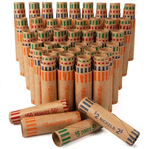 HFKPJRT 192 Pcs Coin Rolls Wrappers, Bulk Preformed Coin Wrappers for All Coins, Quarters, Pennies, Nickels and Dimes Rolls Wrappers for Bank Office Home School