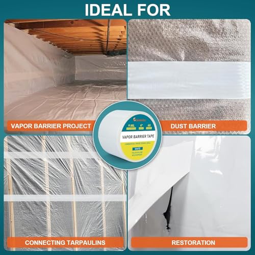 Image of Golden Fox Vapor Barrier Tape, 4 Pack 4'' x 180' Roll, 9 Mil White Polyethylene Moisture and Vapor Barrier Seam Tape for Crawl Spaces, Marine Use, Insulation Tape, Underlayment & More, Waterproofing