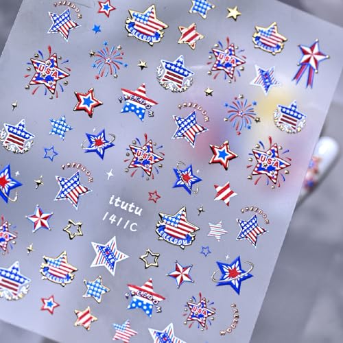 Image of Star Nail Stickers Independence Day Nail Art Stickers Firework Nail Decals for Nails Art 5D Embossed with Red Blue Design Nails Charms Supply for Women 4th of July Manicure Decoration Accessories