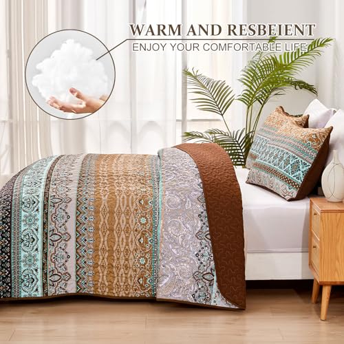 WONGS BEDDING Boho Fall Queen Quilt Set, Brown Bohemian Queen Quilt Bedding Set, Lightweight Microfiber Bed Decor Bedspread for All Season 96"x90"(3 Pieces) - Image 4