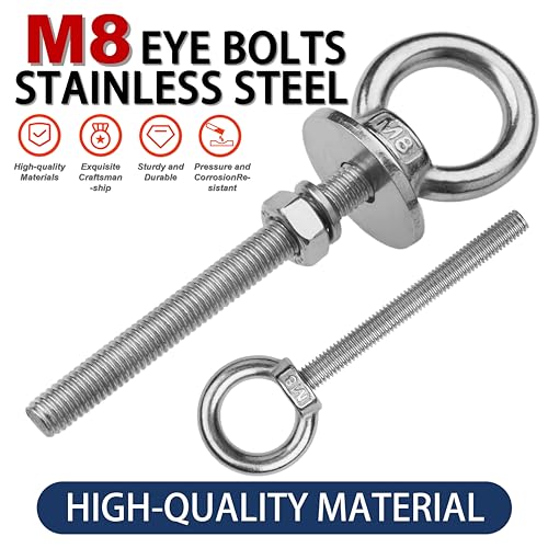 Image of 4 Pack M8 Stainless Steel Eye Bolts with Nuts,5 /16 inch x 3 inch Eye Bolts | 304 Stainless Steel Eye Bolt,Eye Bolts Heavy Duty for Hang Tie Down Outdoor,m8 eye bolt,Long Lifting Ring Eye Bolt