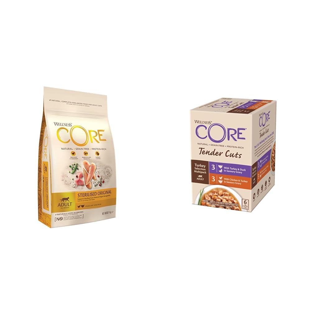 Wellness CORE Croquettes Chat Adulte Stérélisé, Poulet & Dinde, 4kg + Wellness CORE Pâtée Chat Tender Cuts, Multipack Dinde & Canard + Poulet & Dinde, 6 Sachets