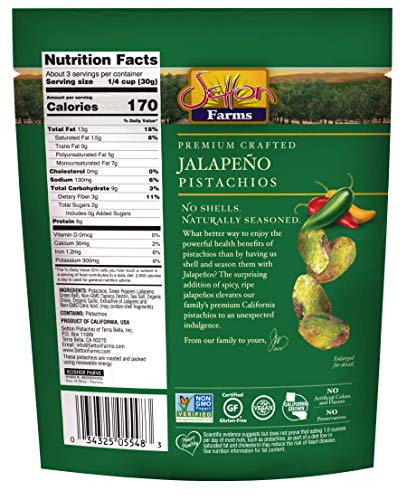 Image of Setton Farms Naturally Seasoned Pistachio Kernels, Jalapeno, No Shell Pistachios, Certified Non-GMO, Gluten Free, Vegan and Kosher, 3 oz Resealable Pouch