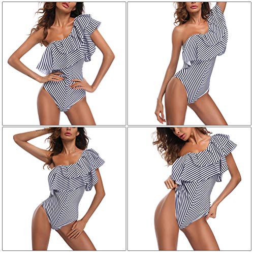 LIOOBO maiô sexy listrado com babados e gola oblíqua de um ombro com babados e alças cruzadas para m