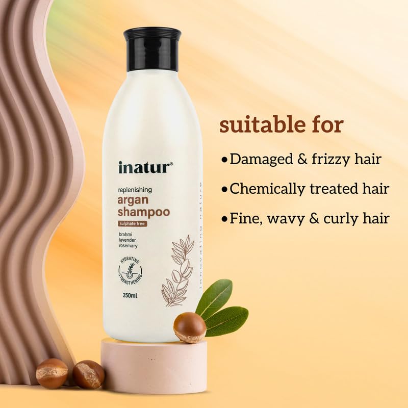 Image of inatur Argan Shampoo For Dry & Frizzy Hair | Promotes Growth & Control Hair Fall | Sulfate-Free Nourishing Hair Cleanser | With Brahmi, Lavender & Rosemary | Color-Safe for Men & Women | 250ml