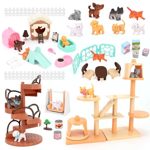 BananMelonBM 67 PCS Cat and Dog Pet Figurine Playset Pretend Play Toy for Kids Creative DIY Realistic Detailed Educational Gift for Kids Toddlers Boys and Girls