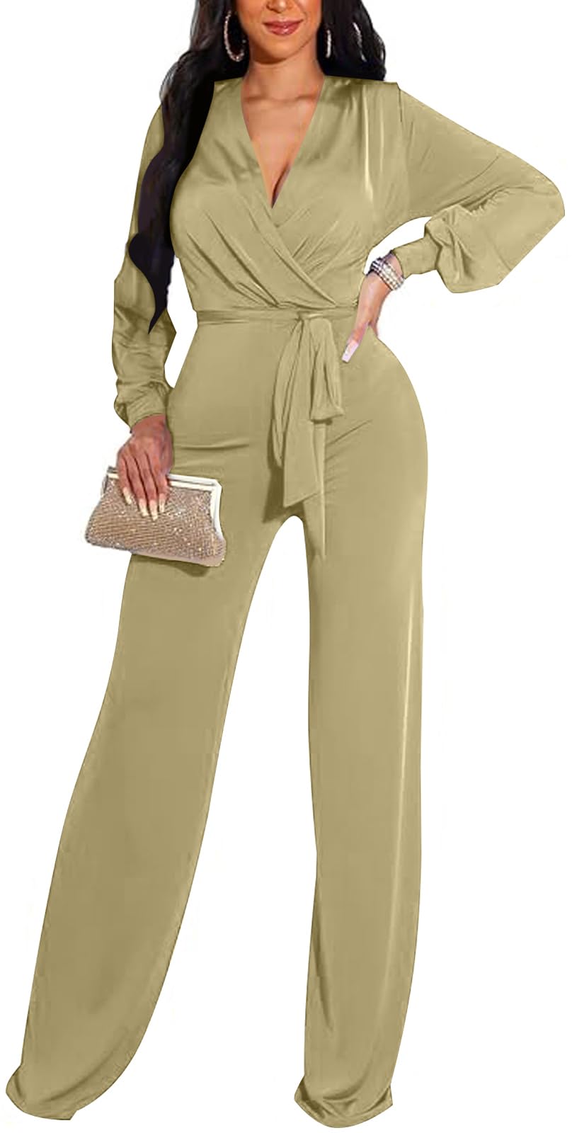 shengfan Formal Jumpsuits for Women Dressy Evening Sexy Deep V Neck Plus Size Long Wide Leg Pants Rompers Clubwear