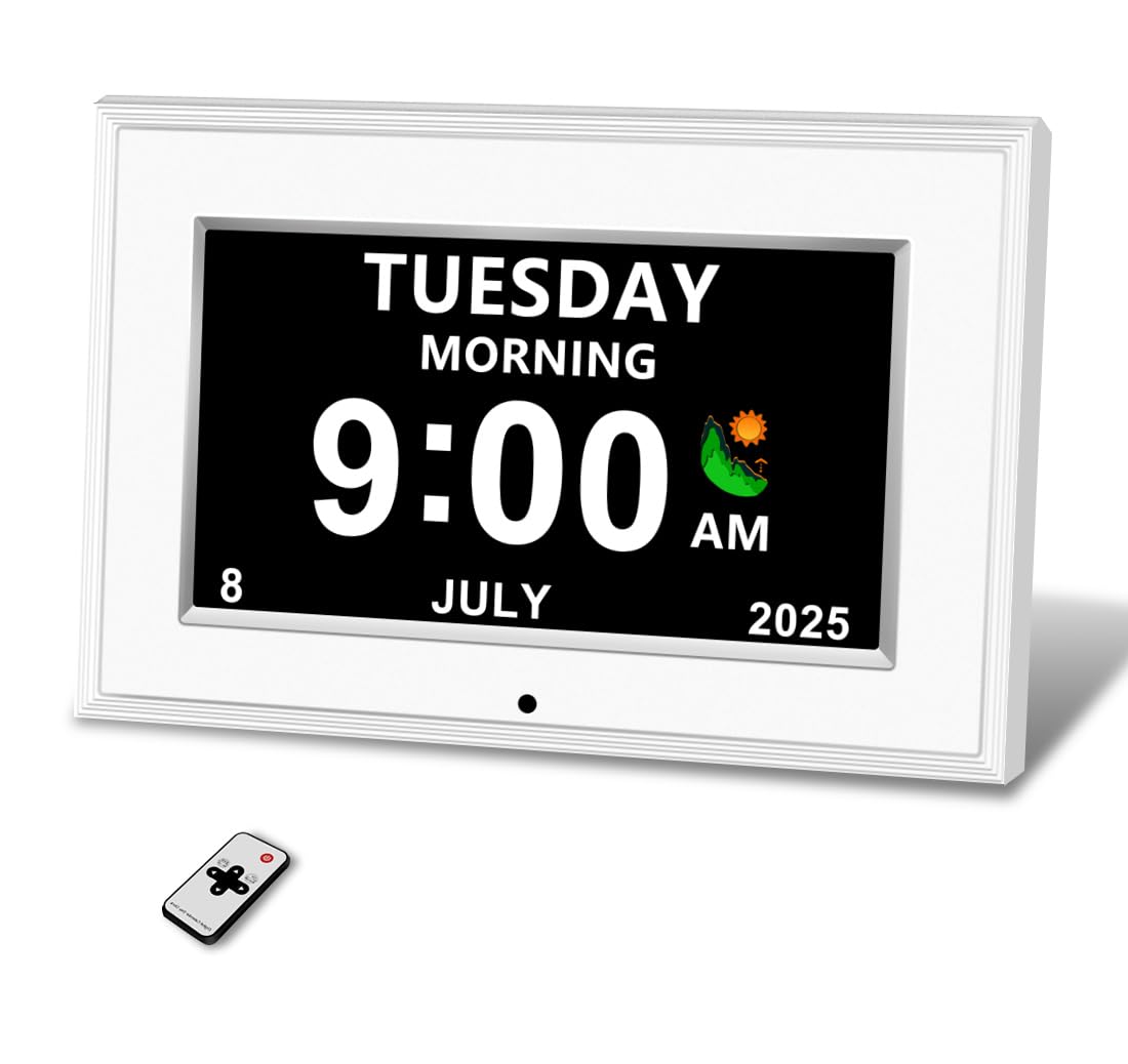 MYFMLI Digital Alarm Clock for Seniors - No-Abbreviation Date HD Display Auto Dimming Photo FrameWhite Noise DST Adjustment, for Elders(7inch White)