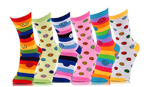 Differenttouch 6 Pairs Women's Fancy Design Multi Color Novelty Crew Socks