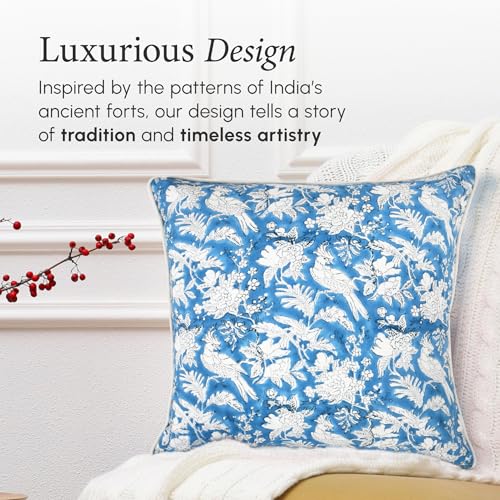 CPC 100% Cotton Throw Pillow Covers 20x20 Inch, Set of 2 Blue Block Print Pattern Couch Pillow, Cute Boho Decorative Pillows for Living Room, Bedroom with Hidden Zipper- Blue Sapphire