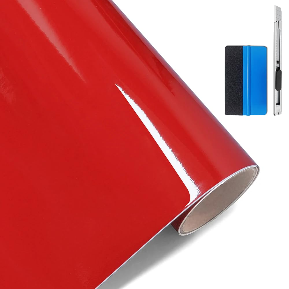 LZLRUN High Gloss Red Vinyl Realistic Paint Car Wrap Film 1.65ft x 5ft
