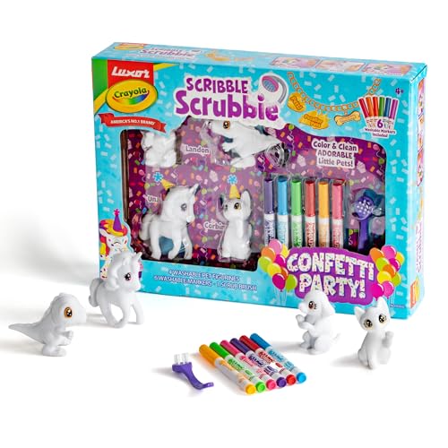 Image of Luxor Crayola Scribble Scrubbie Confetti Party, 4 Washable Pets, 6 Markers & 1 Scrub Brush, Non-Toxic, Gift for Kids
