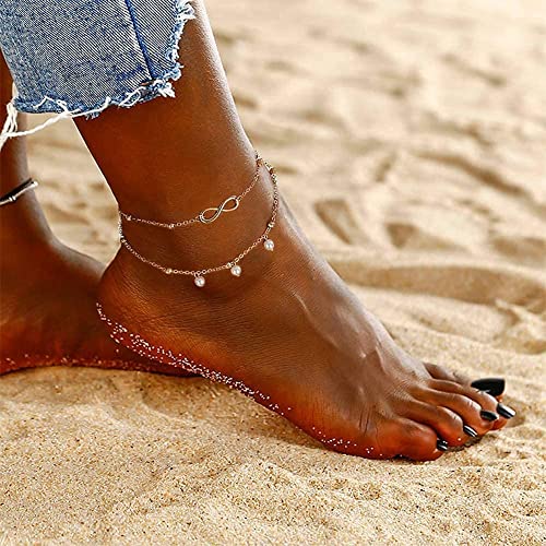 Image of ASCOMY 14K Gold Plated Ankle Bracelets for Women Dainty Layered Infinity Pearl Charm Beaded Chain Anklet Simple Cute Gold Anklets for Her Minimalist Summer Beach Foot Chain Gold Anklet Jewelry