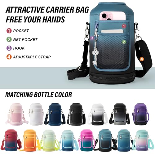 Insulated Water Bottle | Thickened Stainless Steel Vacuum Metal | Portable Sports Half Gallon Large Water Jug for Gym and Hiking with Straw, Carrier Bag, Handle Strap | BPA-Free 64 oz