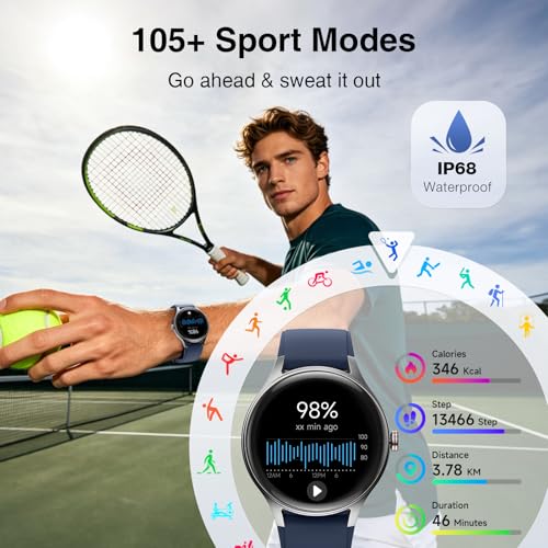 Image of Fitpolo Smart Watch for Men Women Android iPhone, 1.57'' HD Fitness Tracker with Bluetooth Call & Answer, IP68 Waterproof, Heart Rate /SpO2 /Sleep Monitor, Built-in AI Voice, 105+ Sports Modes (Blue)
