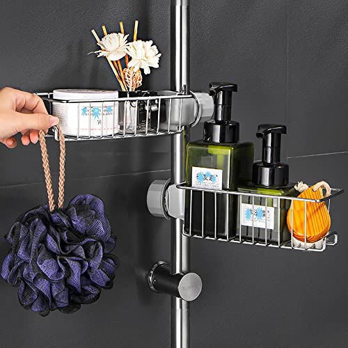 SHBaizoy Lot de 2 Étagère Douche Inox Sans Perçage,Ajustable Serviteur Douche Télescopique,Porte Savon Barre Douche avec crochet,pour Salle de Bain/Cuisine
