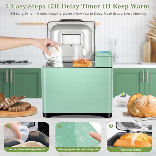 Image of KBS 2.2LB Bread Maker, 710W Convection Bread Machine with Dual Heaters, Healthy Nonstick Ceramic Pan, Auto Nut Dispenser, 17-in-1 Bread Maker Machine for Gluten-Free, Touchscreen, 15H Delay Timer