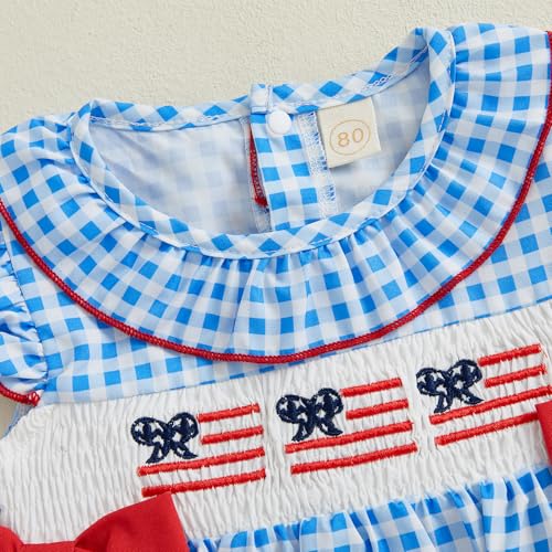 Owl's-Yard Baby Girl Smocked Romper Short Sleeve Bubble Rompers Summer Clothes Plaid Print Embroidery Bow Bodysuit4