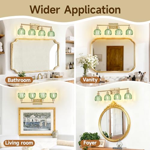 Image of 4 Light Vanity Lights for Bathroom, 27.2 in Brushed Brass Gold Bathroom Vanity Lights Over Mirror,Wall-Mounted Bath Room Lighting Fixtures with Green Tulip Glass Shade for Bedroom Living Room