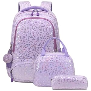 Kimwadalh School Bags for Girls 3in1 Girls Backpack with Lunch Bag Pencil Case and Chest Strap for Preschool Elementary