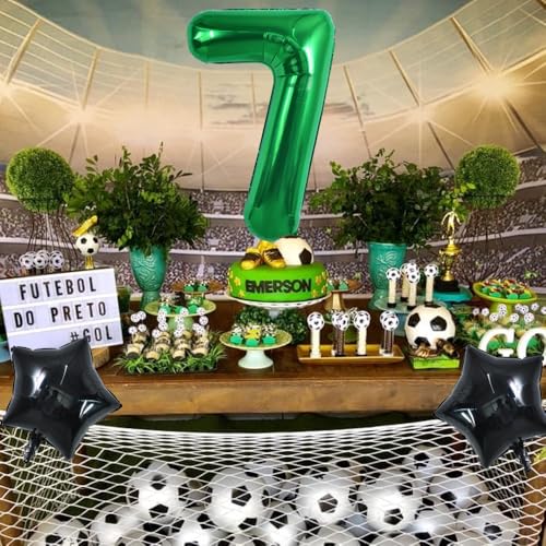 Image of TONIFUL 32 Inch Soccer Balloons Set 7th Birthday Decoration Green Number 7 Foil Soccer Balloon Black Star Balloons for Children's Boys Birthday Party Football Themed Party Supplies