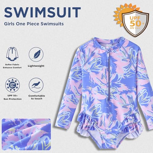 Image of UMELOK Girls Long Sleeve Rash Guard One Piece Swimsuits UPF 50+ Ruffle Zipper Bathing Suit 4-10 Years