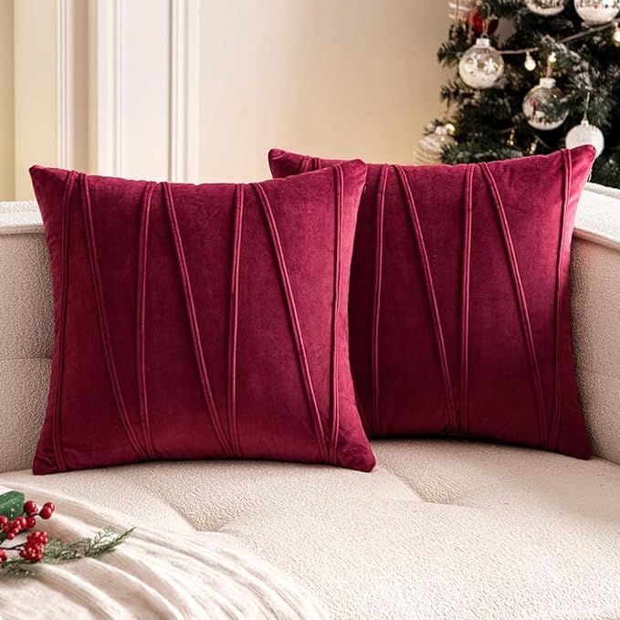 Image of Amazon Brand - Umi Decorative Striped Throw Pillow Covers 14 X 14 Inch,Soft Solid Velvet Pillow Covers Cushion Case with Zigzag Pattern for Sofa Bedroom 35 X 35 Cm (Pack of 2) Wine