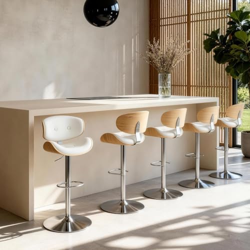 Image of Adjustable Swivel Bar Stools Chair,Counter Height Bar Stools with Back,350 LBS PU Leather Bar Stool for Kitchen Island,Upholstered Pub Stools with Footrest (White, Set of 5)