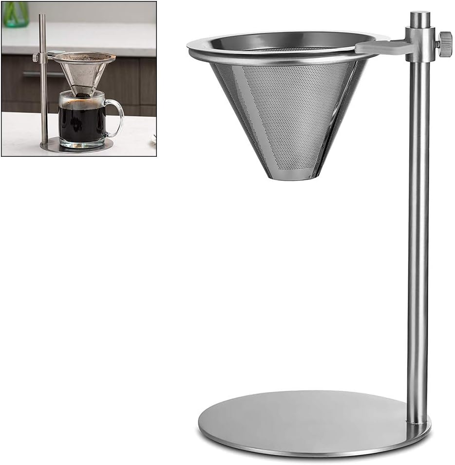 Mingkai Stainless Steel Pour Over Coffee Maker, Adjustable Pour Over Coffee Stand with Double Filter, Freestanding Drip Cone Brewer and Stand, Make Coffee Directly into Mug, Cup or Thermos Silver