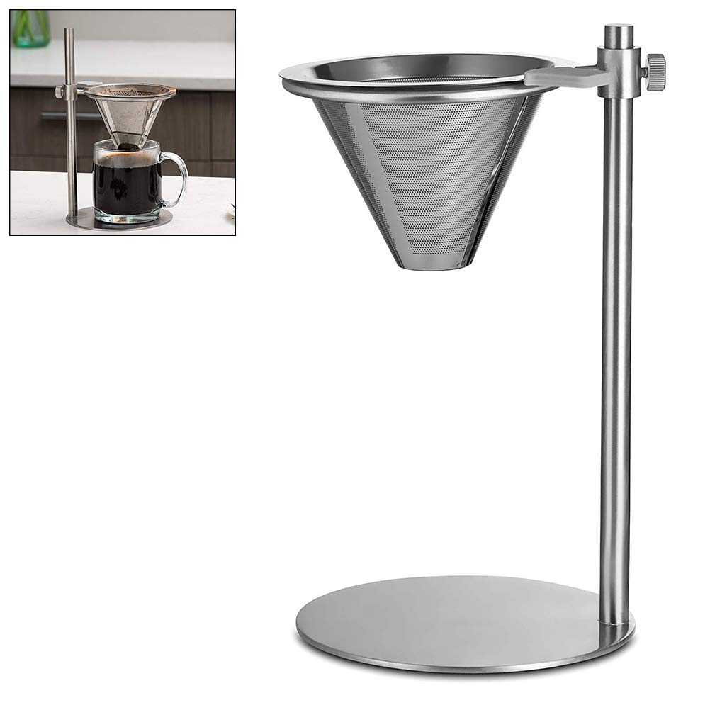 Zerodis Adjustable Stainless Steel Coffee Stand with Double Filter, Freestanding Drip Coffee Brewer, 304 Stainless Steel, Adjustable Height Coffee Stand (Silver)