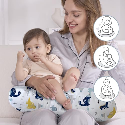 Image of Little Grape Land Ergonomic Nursing Pillow,New Breastfeeding Pillows Support for Mom and Baby,Breathable and Soft with Cute Washable Cover, Multi-Use Feeding Pillow for 0-12 Months, Dinosaur