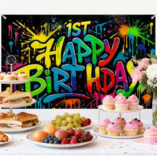 Image of Nuxovilar 71x43 inch Graffiti 1st Happy Birthday Banner