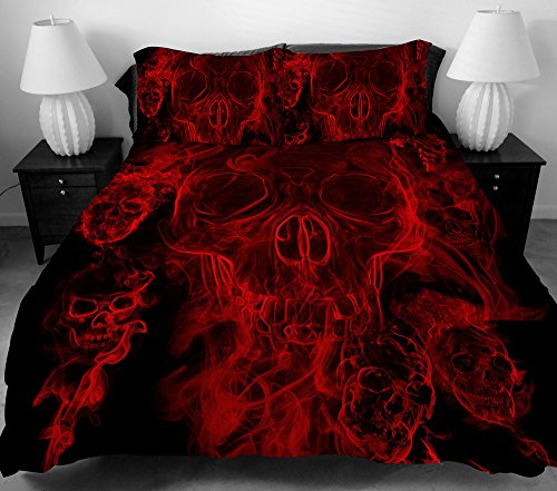 YSJ 3 PCS Duvet Cover Set with Zipper Closure,Ties-Black Red Skull Pattern Printed-King Size Bedding Set Comforter Protector Pillowcases (King)