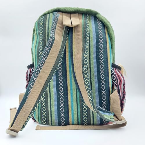 Himalayan Heritage Hemp Backpack, Traditional Striped Pattern, Green and Burgundy, Multi-Compartment Travel Bag2