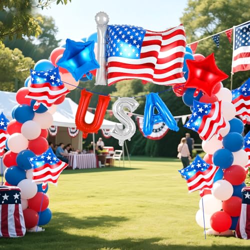 Image of 23 Pcs 4th of July Balloons, Independence Day Decorations Balloons, USA Aluminum Foil Balloon,18 Inch Red Blue Star Balloon for Labor Day Memorial Day Party Decoration Supplies (USA Letter and Star)