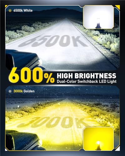 Image of AUXITO HB4 9006 LED Switchback Bulbs, 50,000 Lumens 600% Super Bright, 6500K White /3000K Golden Yellow Dual Color Easy Switch, Mini Sized, CanBus Ready, 2PCS