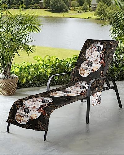 Thanksgiving Pumpkins Beach Chair Towel Covers for Chaise Lounge with Side Pocket, Soft Plush Pool Towels Cover for Patio Sunbathing Outdoor 29''x85'' Fall Leaves Autumn Gold Leaves Black