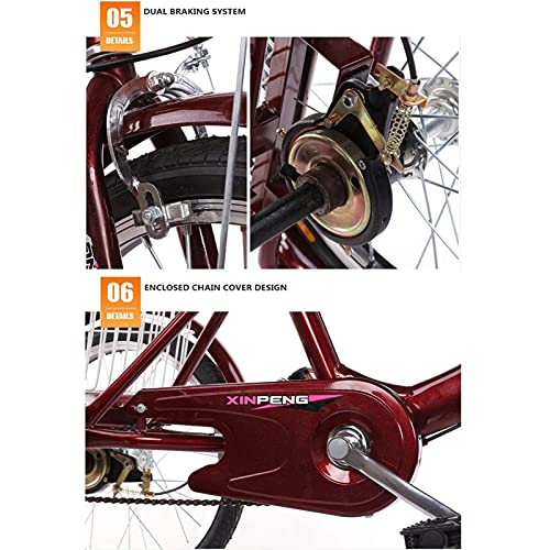 Triciclo para adultos de 20 pulgadas, velocidad única, con canasto, triciclo para ejercicio, compras, picnic y actividades al aire libre, color rojo vino miniatura 5