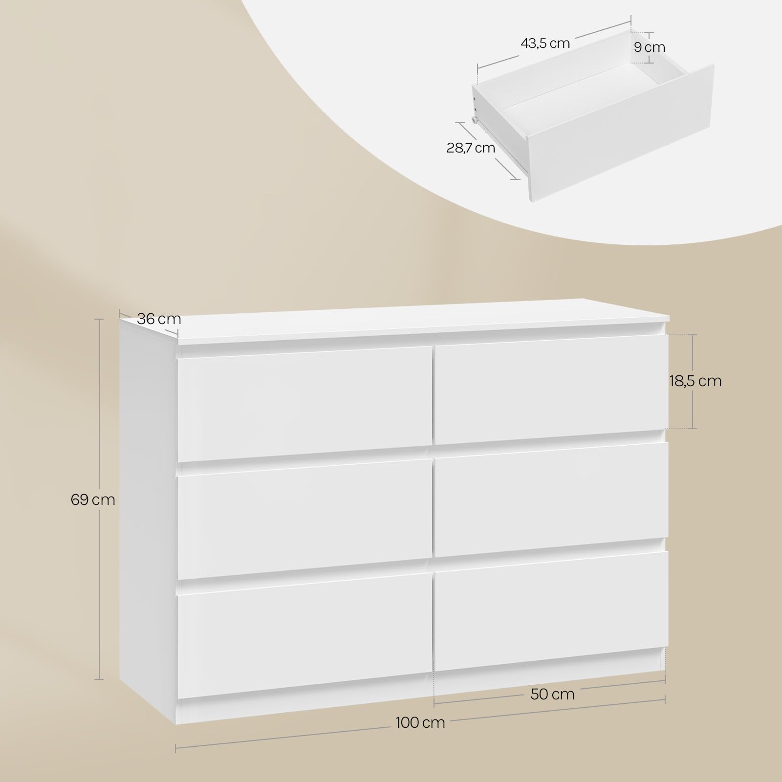WOLTU Cassettiera, Mobiletto Salvaspazio | con 6 Cassetti, in Stile Moderno per Soggiorno, Camera da Letto e Corridoio, 100 x 36 x 69 cm, Bianco, Legno