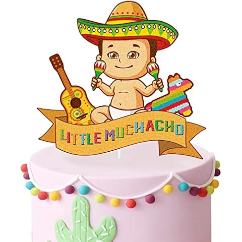 Little Muchacho Birthday Cake Topper - Boy Baby Shower - Gender Reveal Baby Muchacho On His Way - Glitter Sombrero Mexican Fiesta Party Decoration Cover