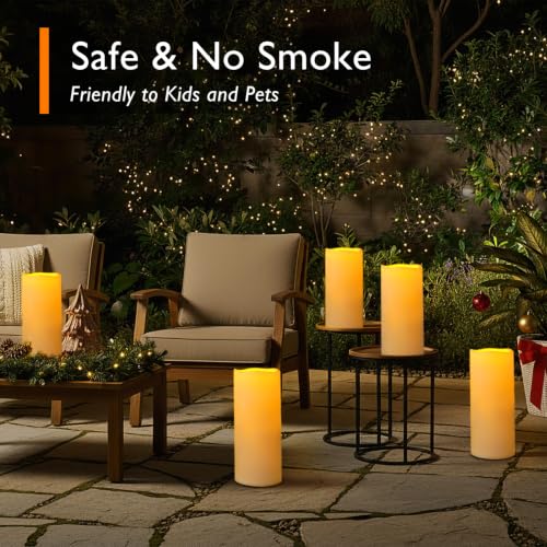 Image of Homemory Dark Ivory Flameless Candles, Waterproof, Remote Timer, 2 Pack | Large outdoor flameless candles, D5 inchxH12 inch, IPX5 waterproof, battery operated, outdoor lanterns, porch, patio, wedding decor