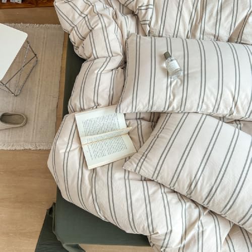 Image of Striped Duvet Cover Full Size Beige Grey Green Stripes Bedding Set 3pcs Vertical Ticking Stripes Pattern Soft Lightweight Microfiber Comforter Cover Set with Zipper Closure and 2 Pillowcases