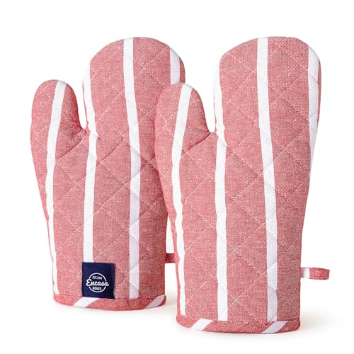 Encasa XO Long 18x30 cm Oven Microwave Hand Gloves Mitts (2 pc Set) for Kitchen Cooking & Baking - Heat Resistant, Thick & Safe, Protection of Hands from Hot Utensils, Grill - Roma rote Streifen